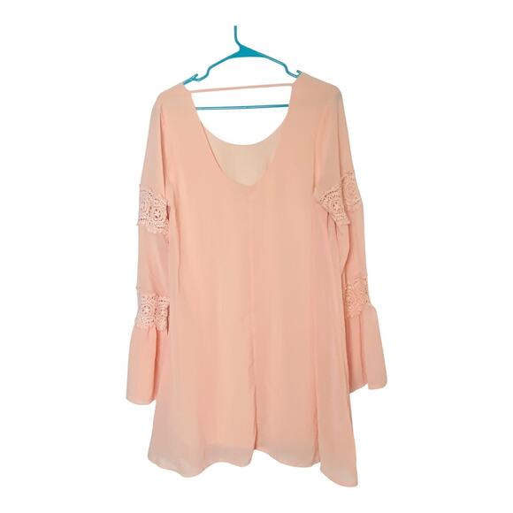 Womens Crochet Lace Blouse Top Blush Pink Bell Long Sleeves V Neckline Small - Picture 1 of 5